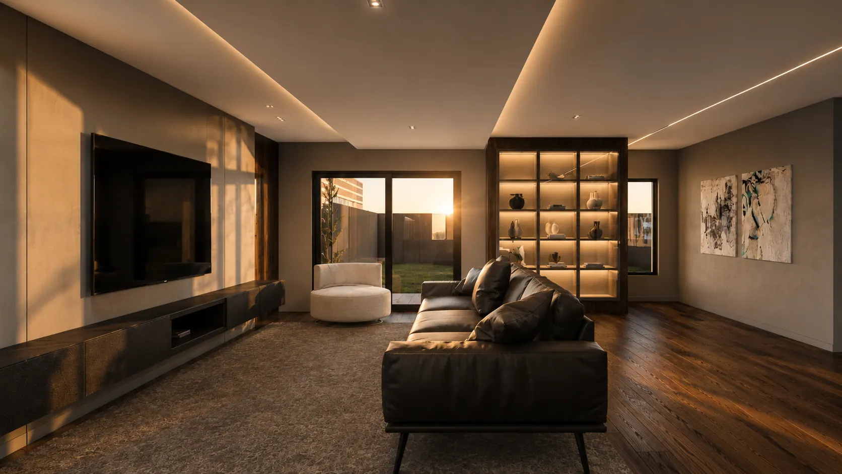 Sala residencial em golden hour - render 3D autoral